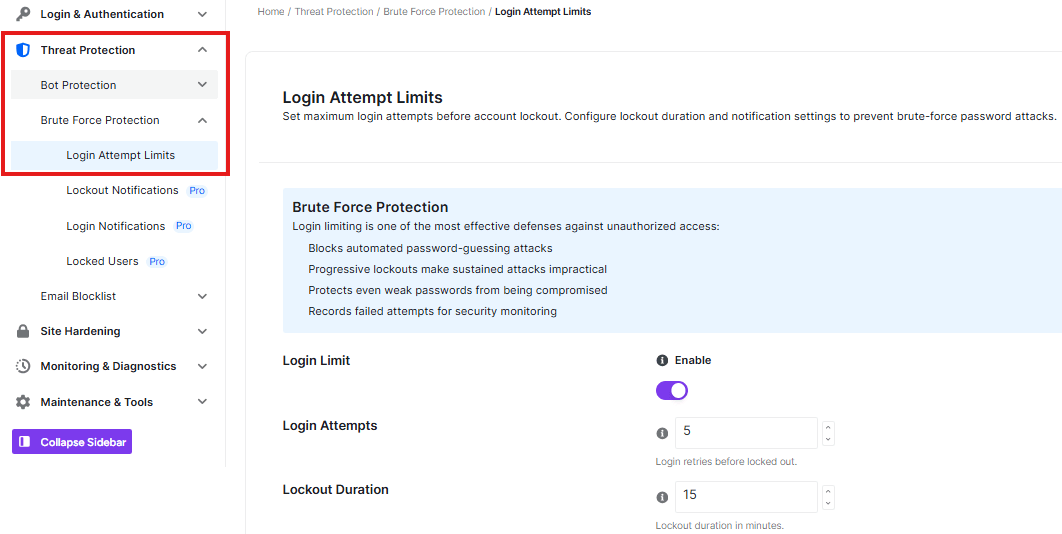 ultimate security brute force login attempts limit