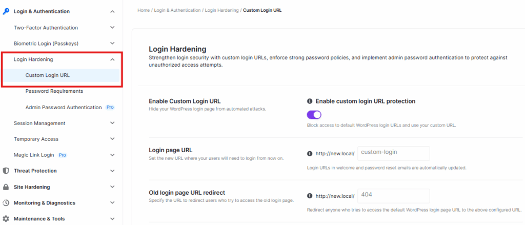 ultimate security custom login url
