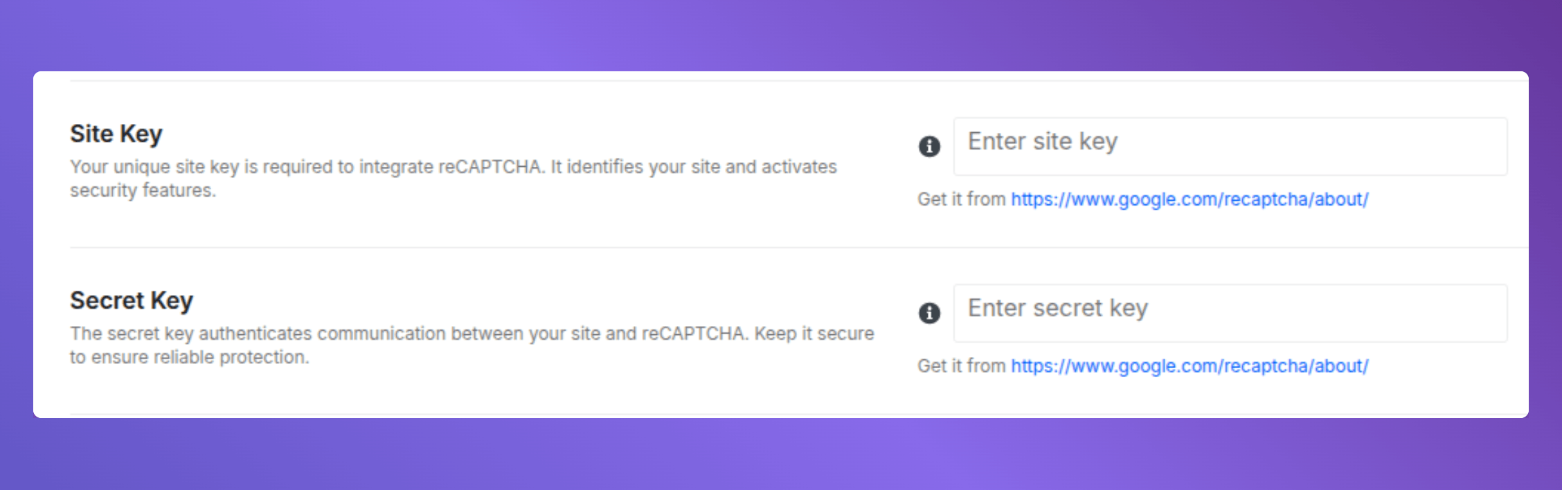 recaptcha site key in ultiamte security