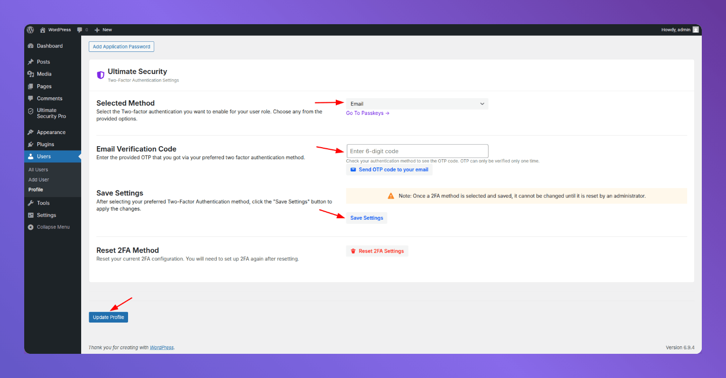 user profile email setup