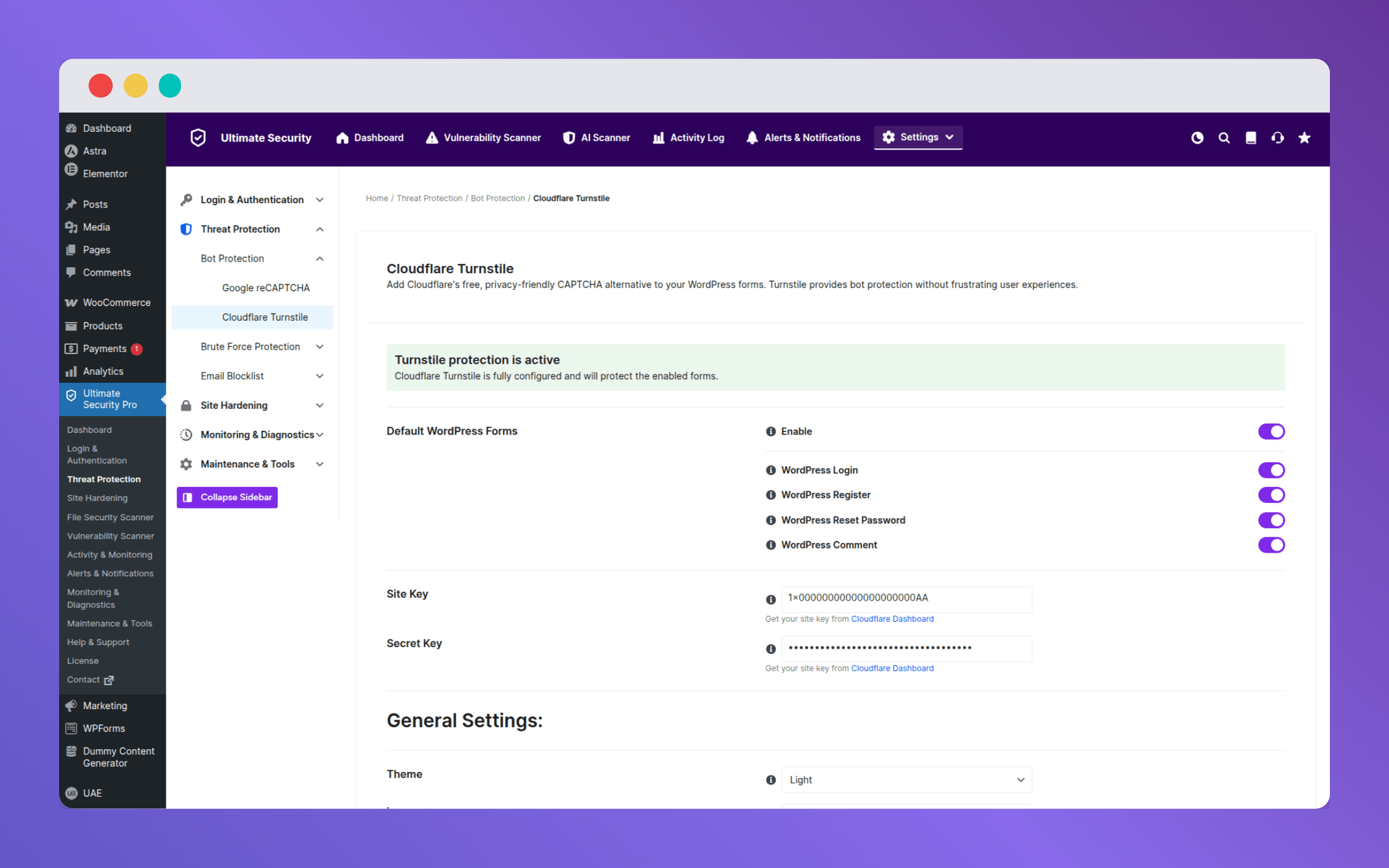 cloudflare turnstile setting in ultimate security plugin