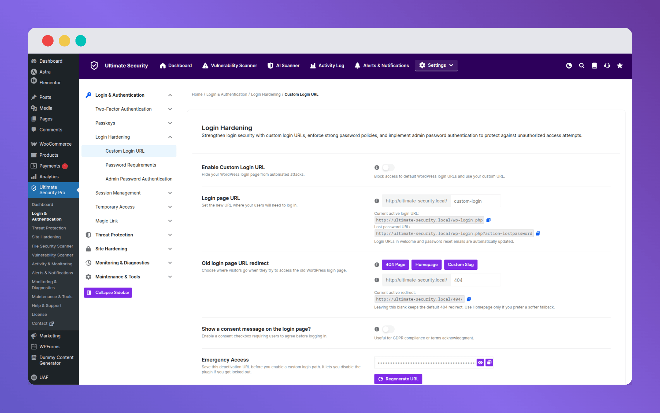 custom login URL setting in ultimate security plugin.