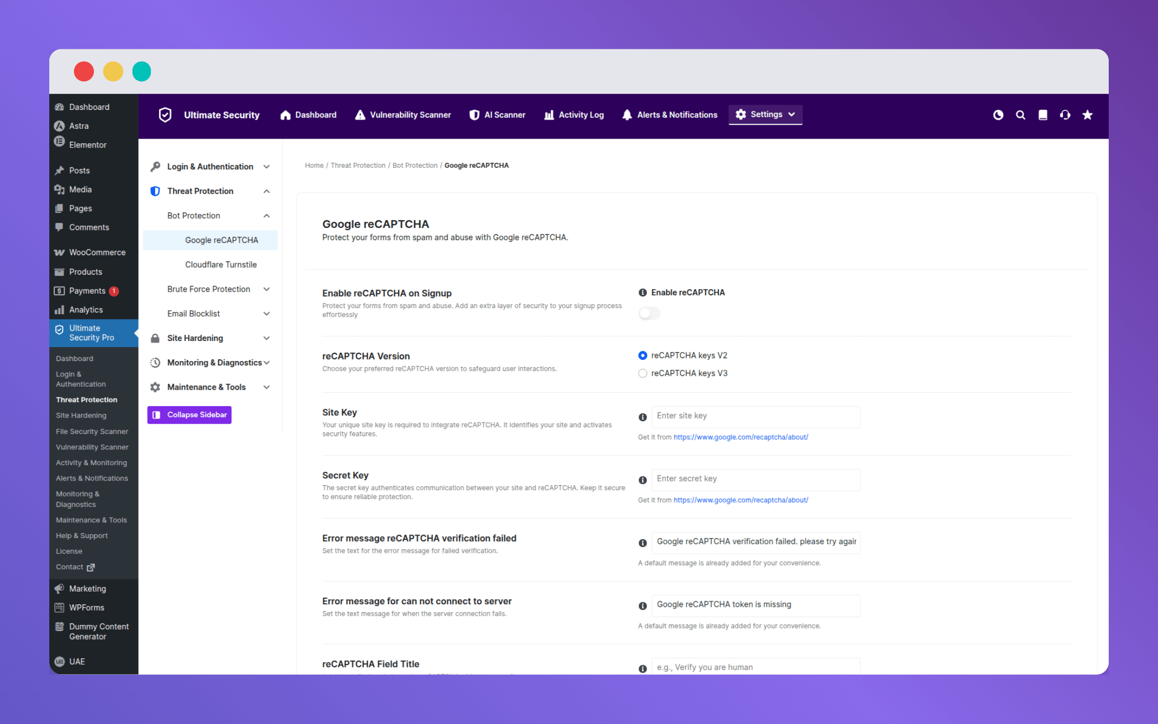 google recaptcha setting in ultimate security plugin
