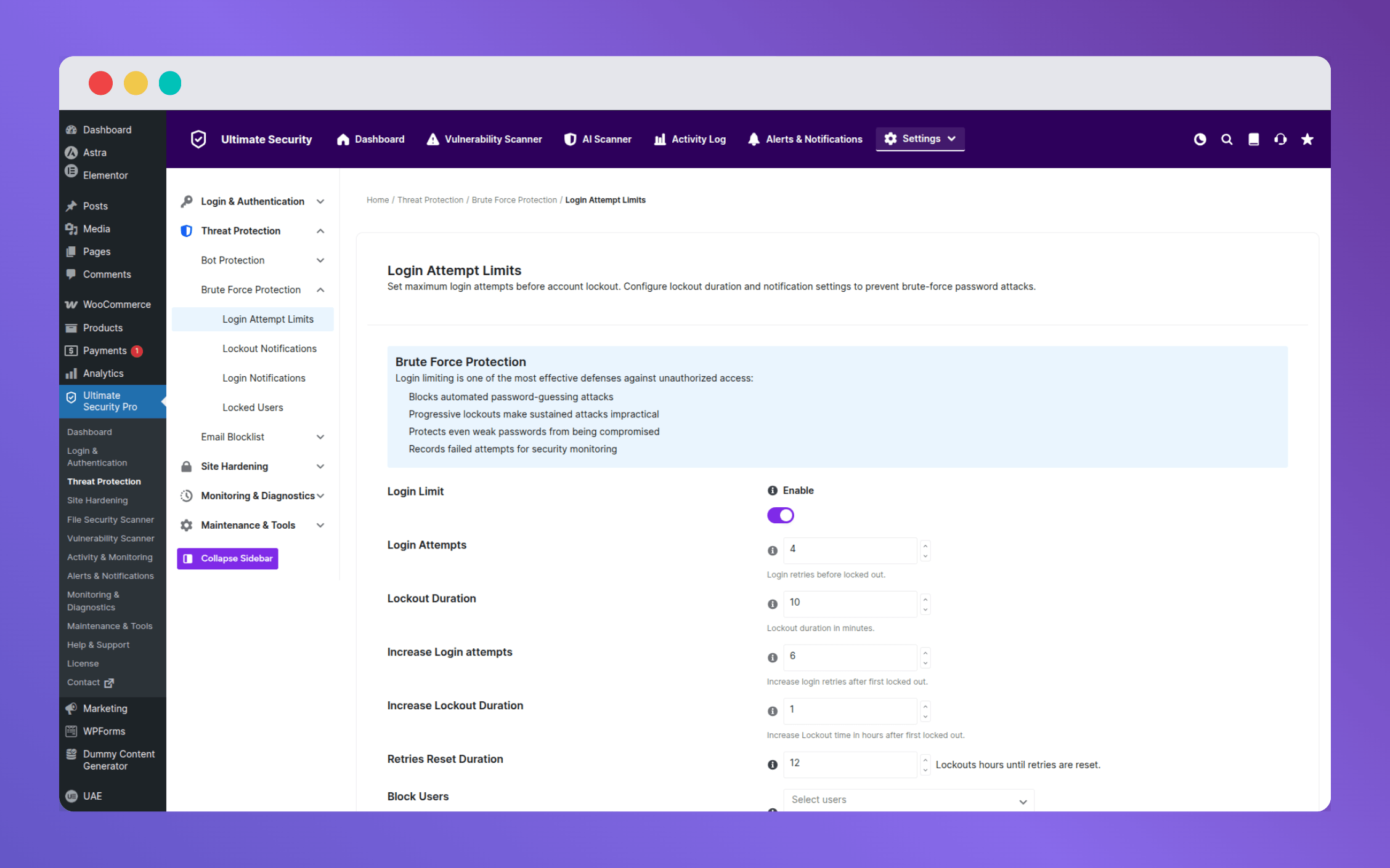 limit login attempt setting in ultimate security plugin