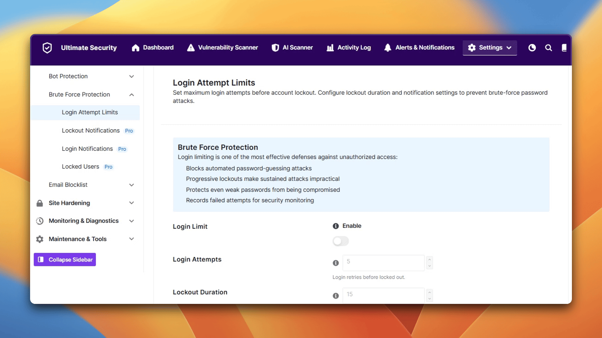 login limits using ultimate security