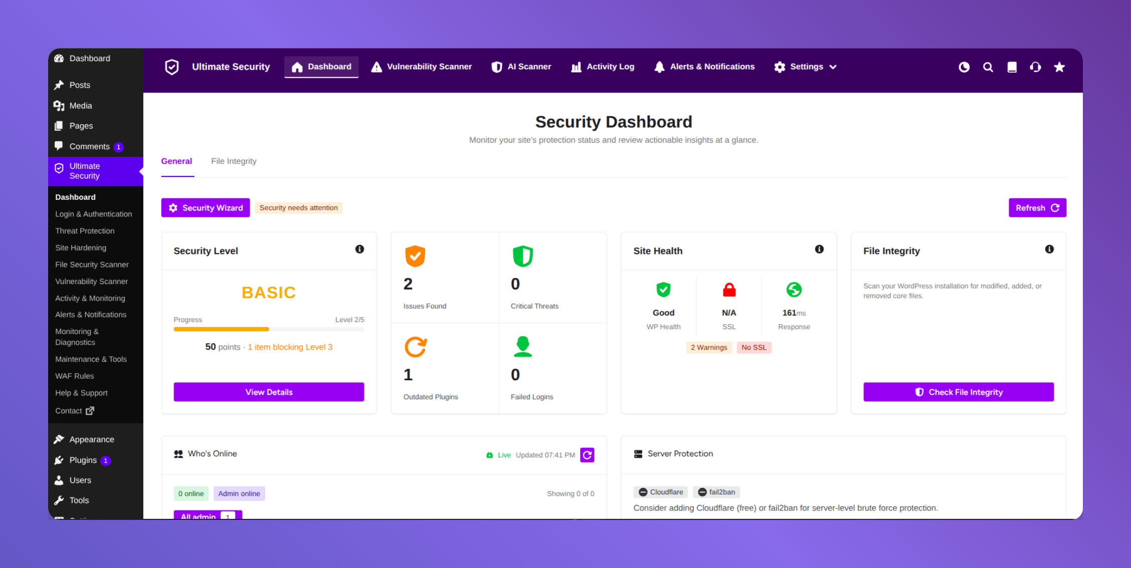 secure WordPress site for beginners best security dashboard ultimate security