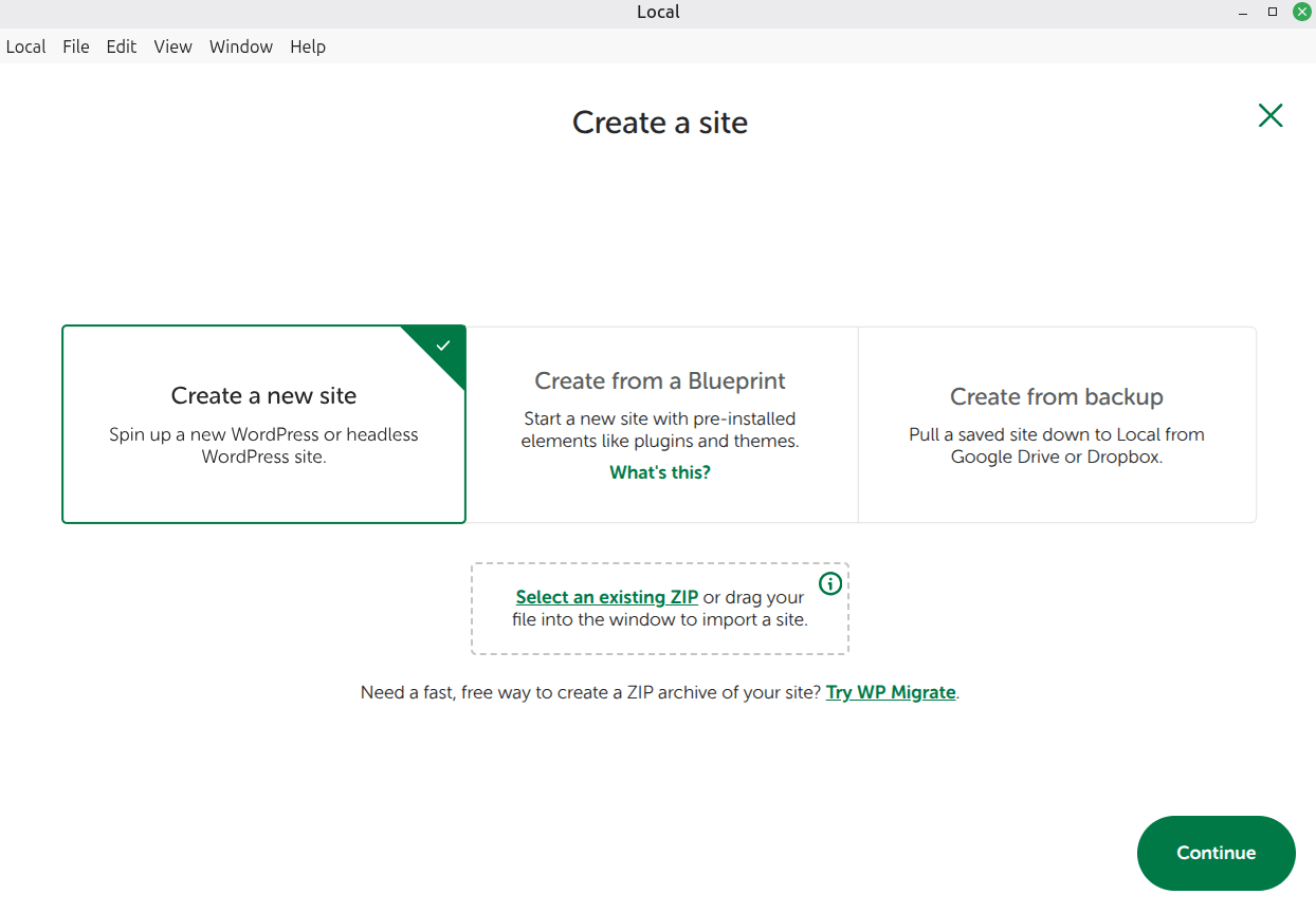 create new site using localwp