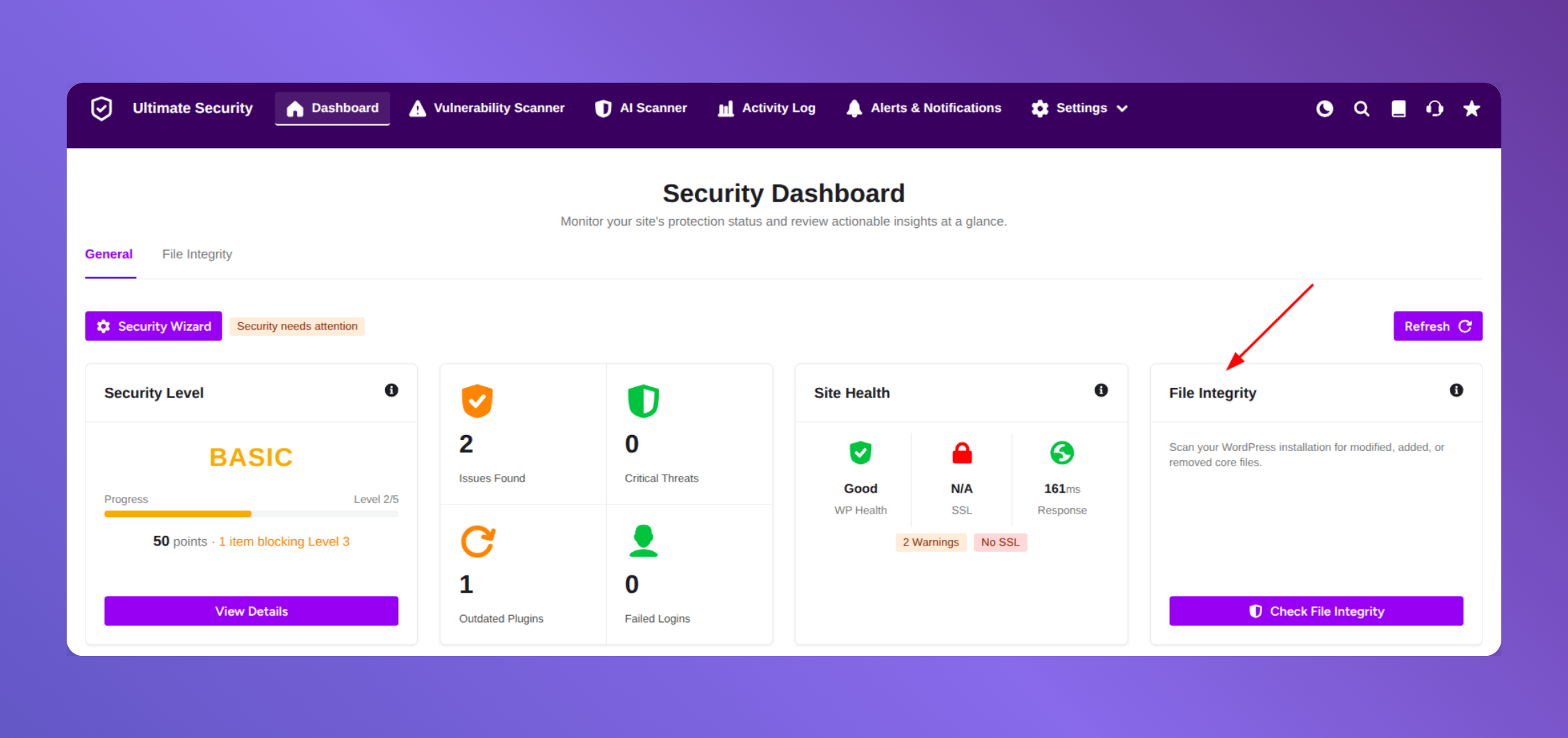 file integrity setup in ultimate security dashboard