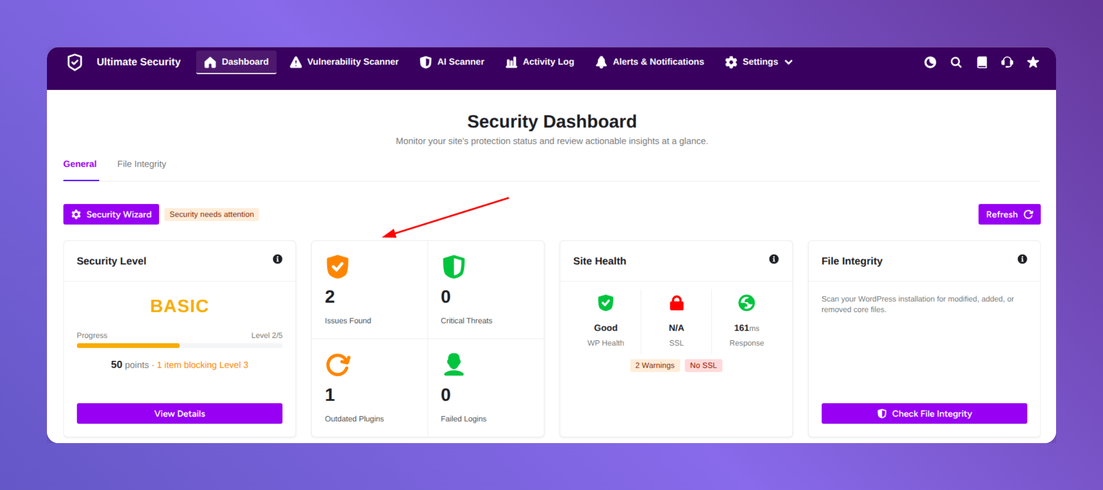 issue and threat card in ultimate security dashboard