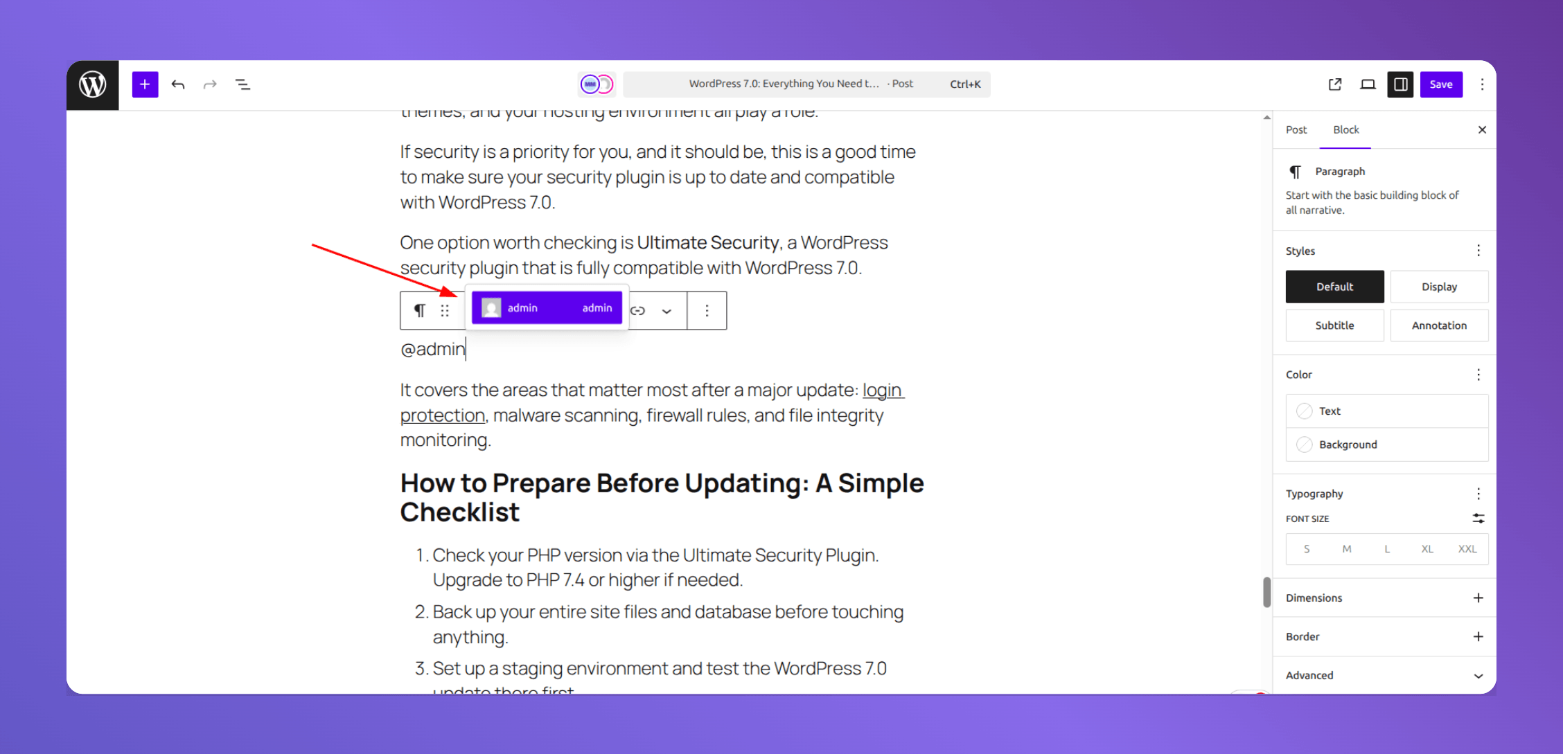 mention name in WordPress 7.0
