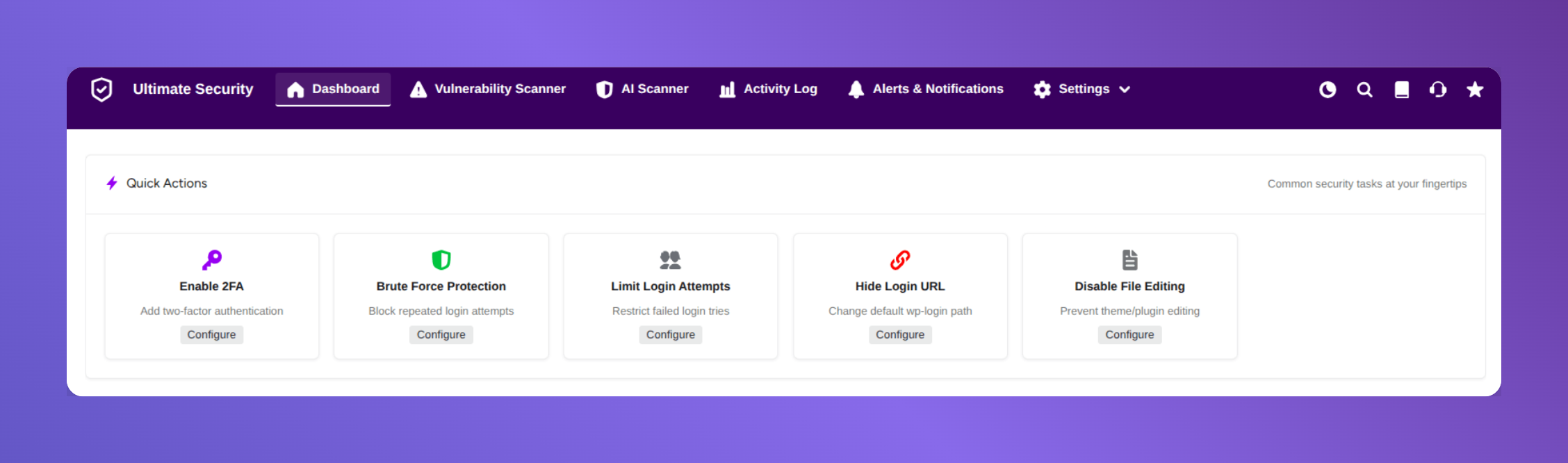 quick action config from ultimate security dashboard