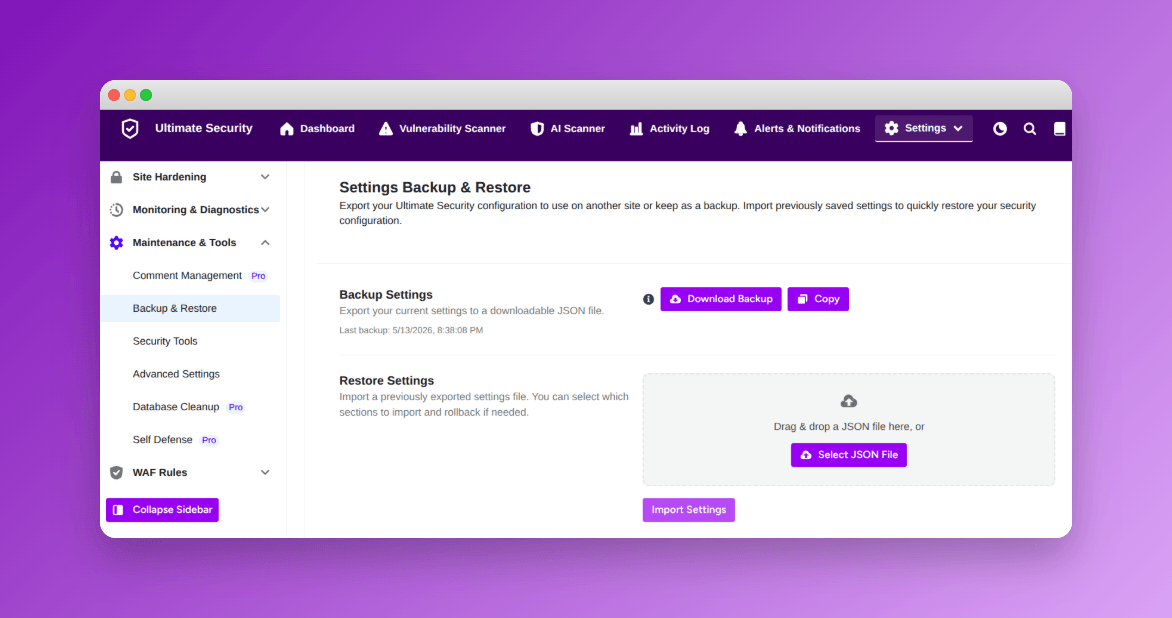backup and restore settings in ultimate security