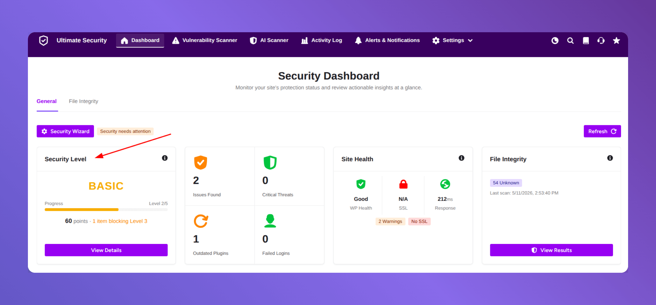security level in dashboard