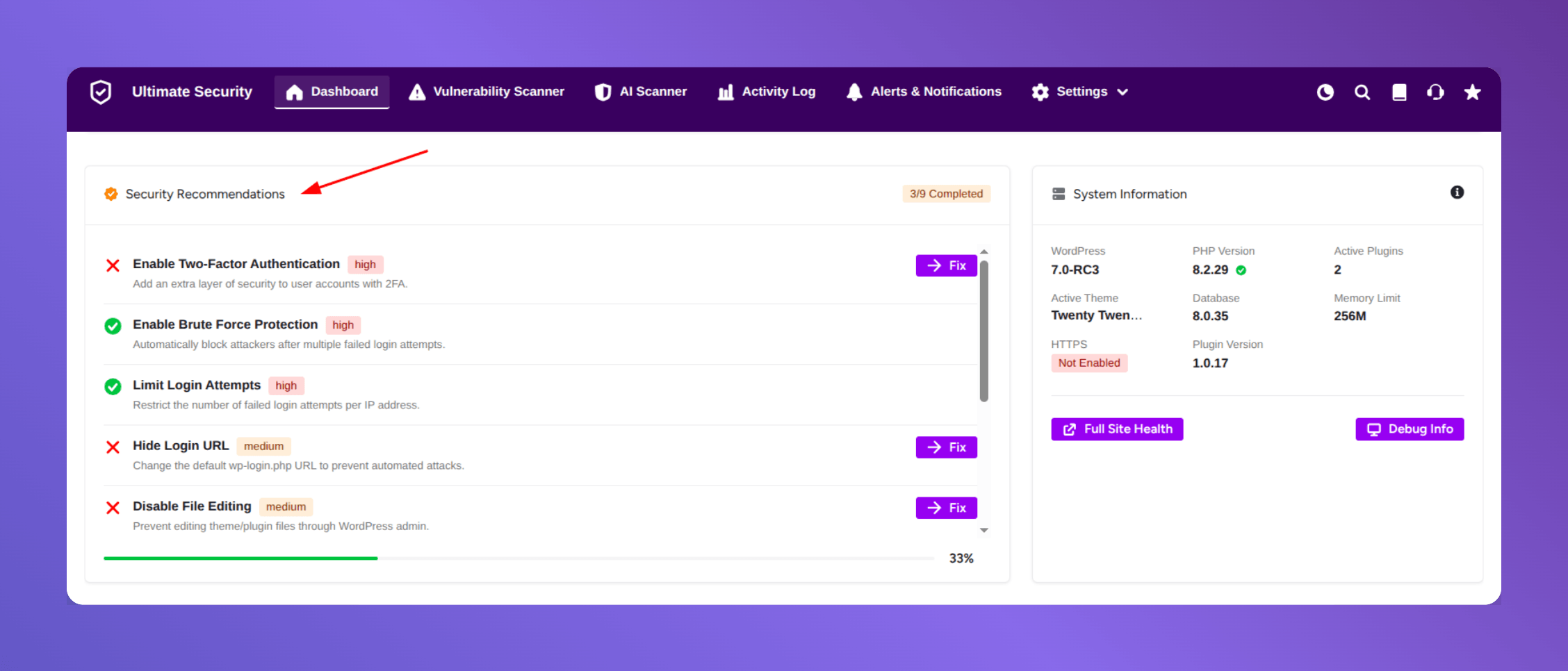 security recommendation in ultimate security dashboard