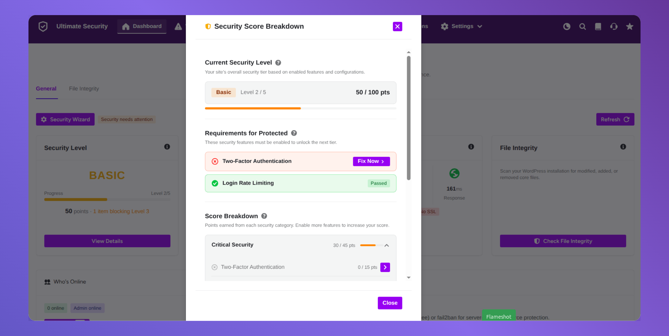 security score breakdown popup