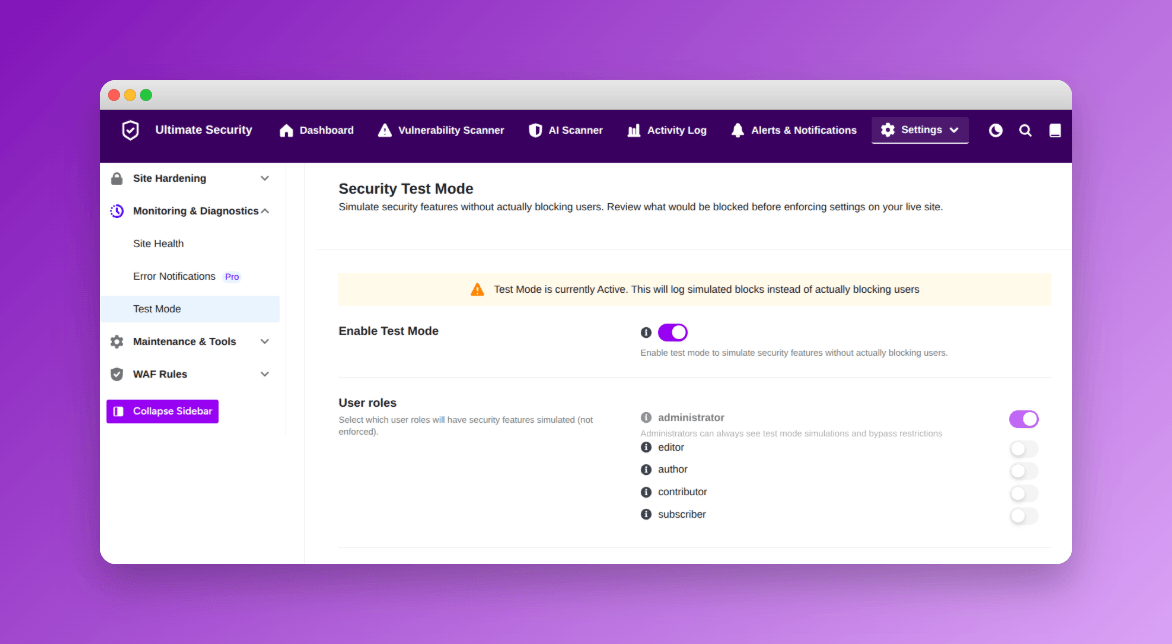 test mode in wordpress security plugin features