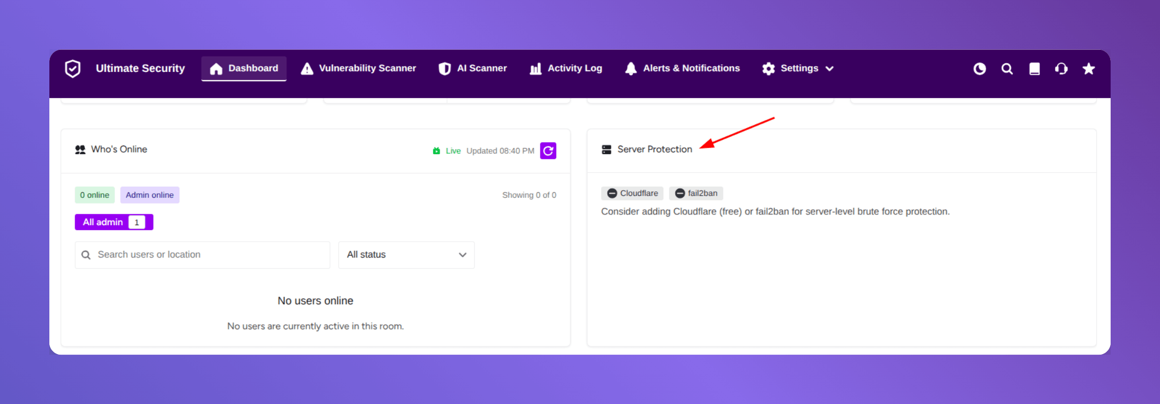 server protection in ultimate security dashboard