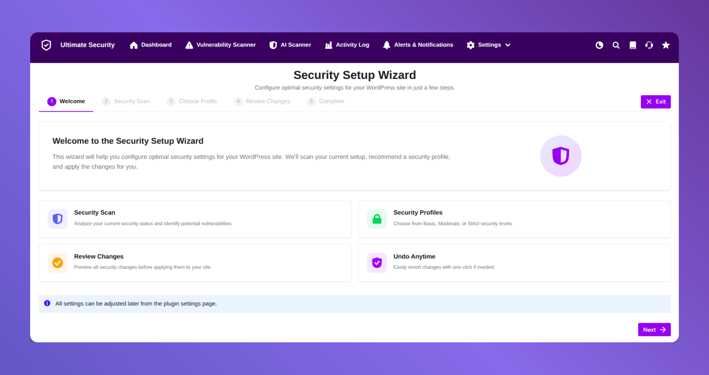 setup wizard in ultimate security dashboard
