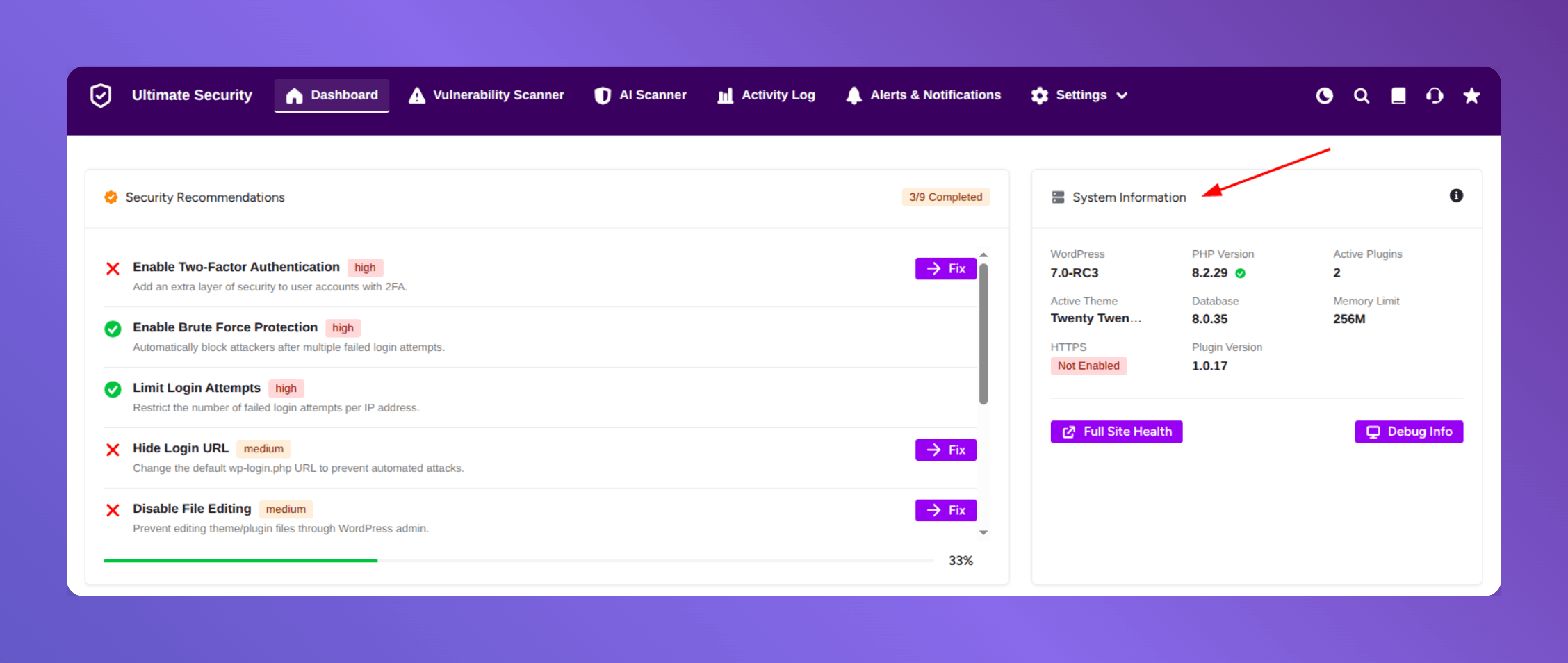 system information in ultimate security dashboard