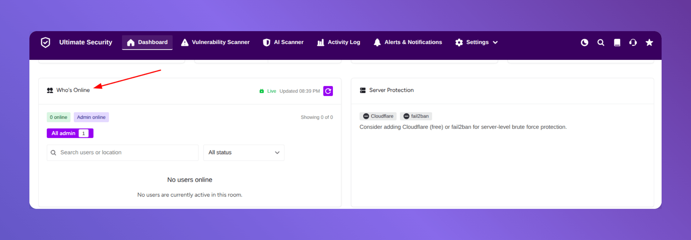 who is online in in ultimate security dashboard