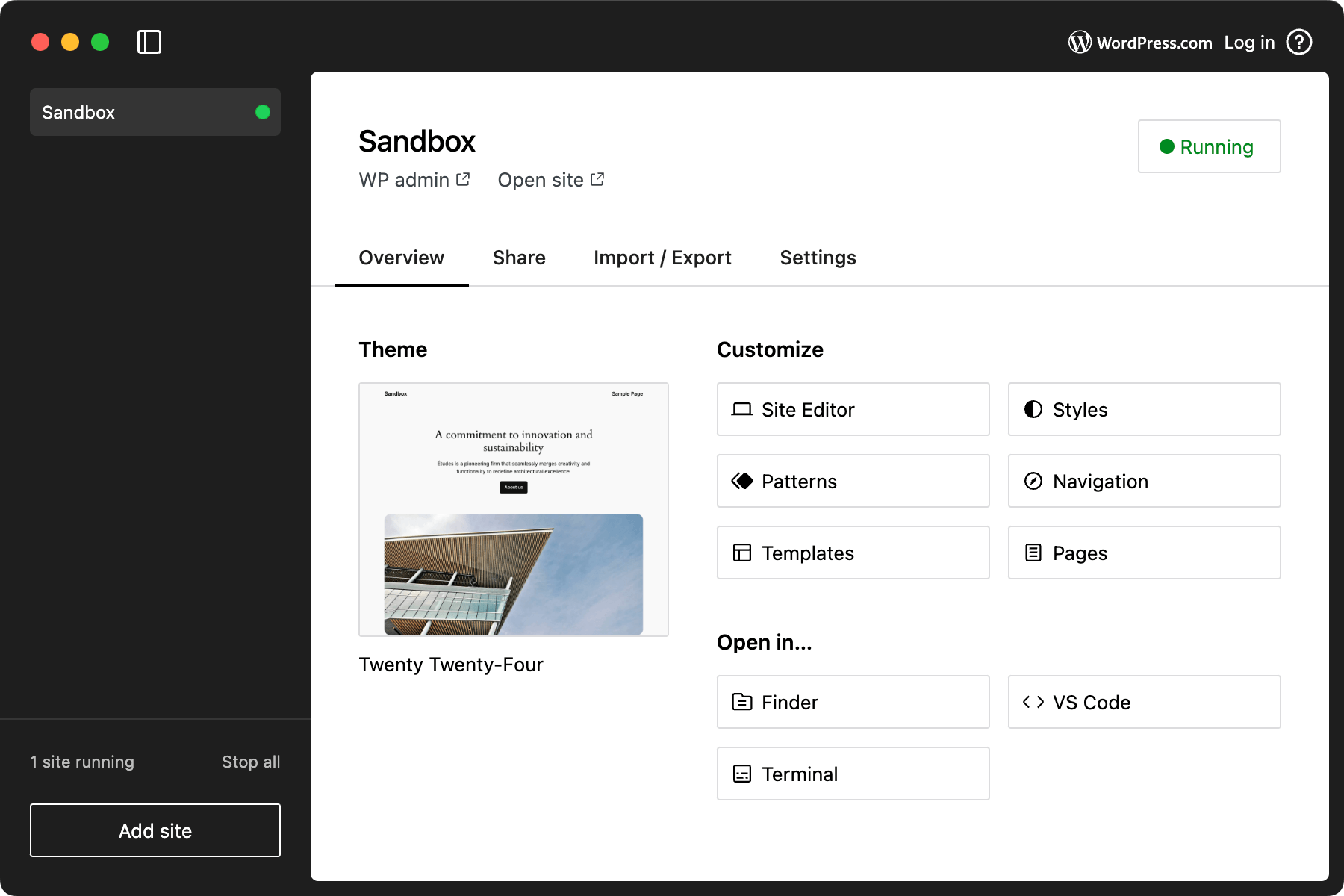 wordpress studio site installed