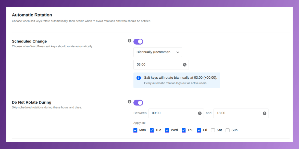 auto rotation schedule wordpress security keys
