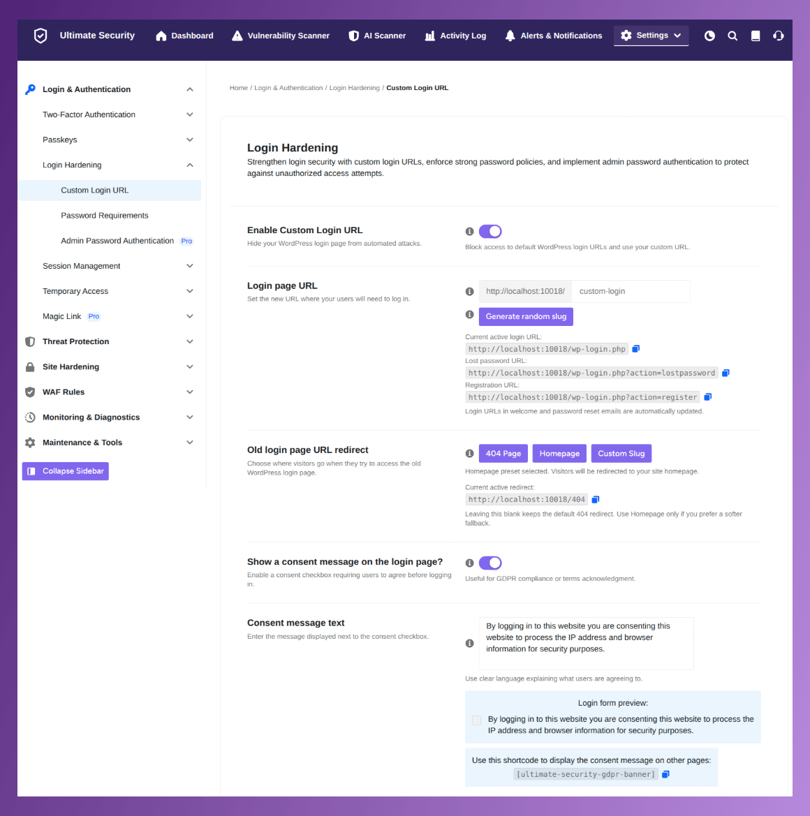 custom login URL in ultimate security best plugin