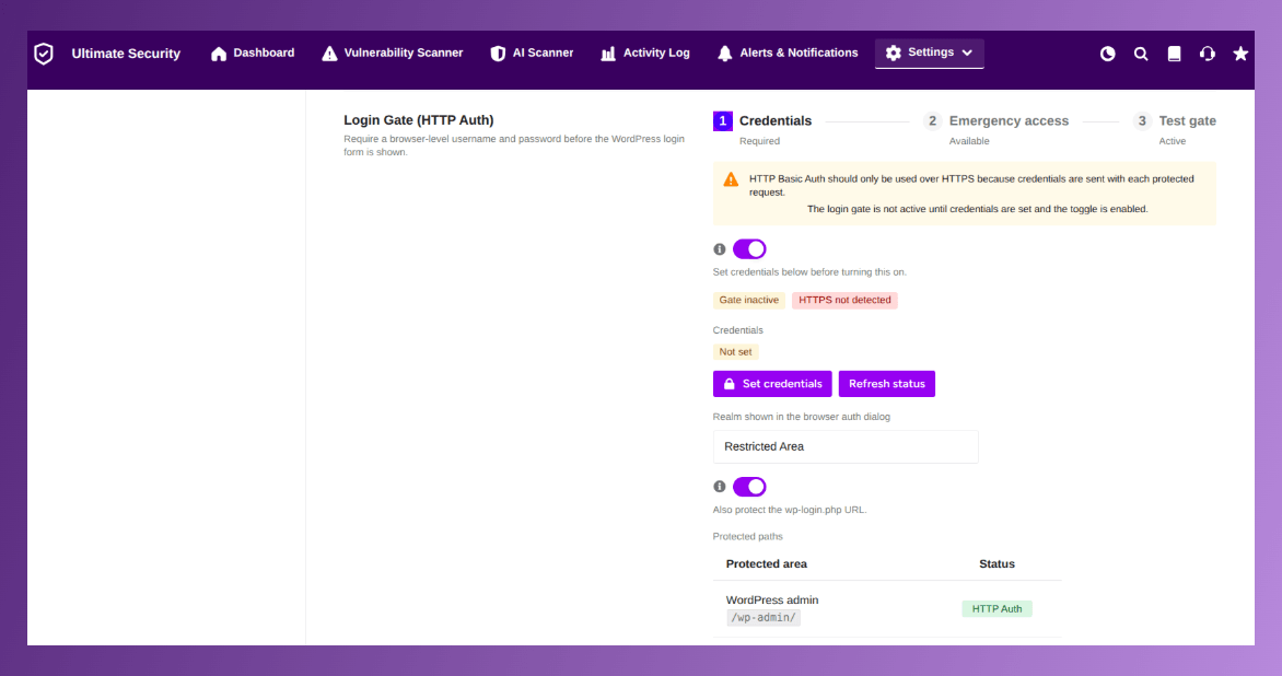 login gate settings in ultimate security custom login url page