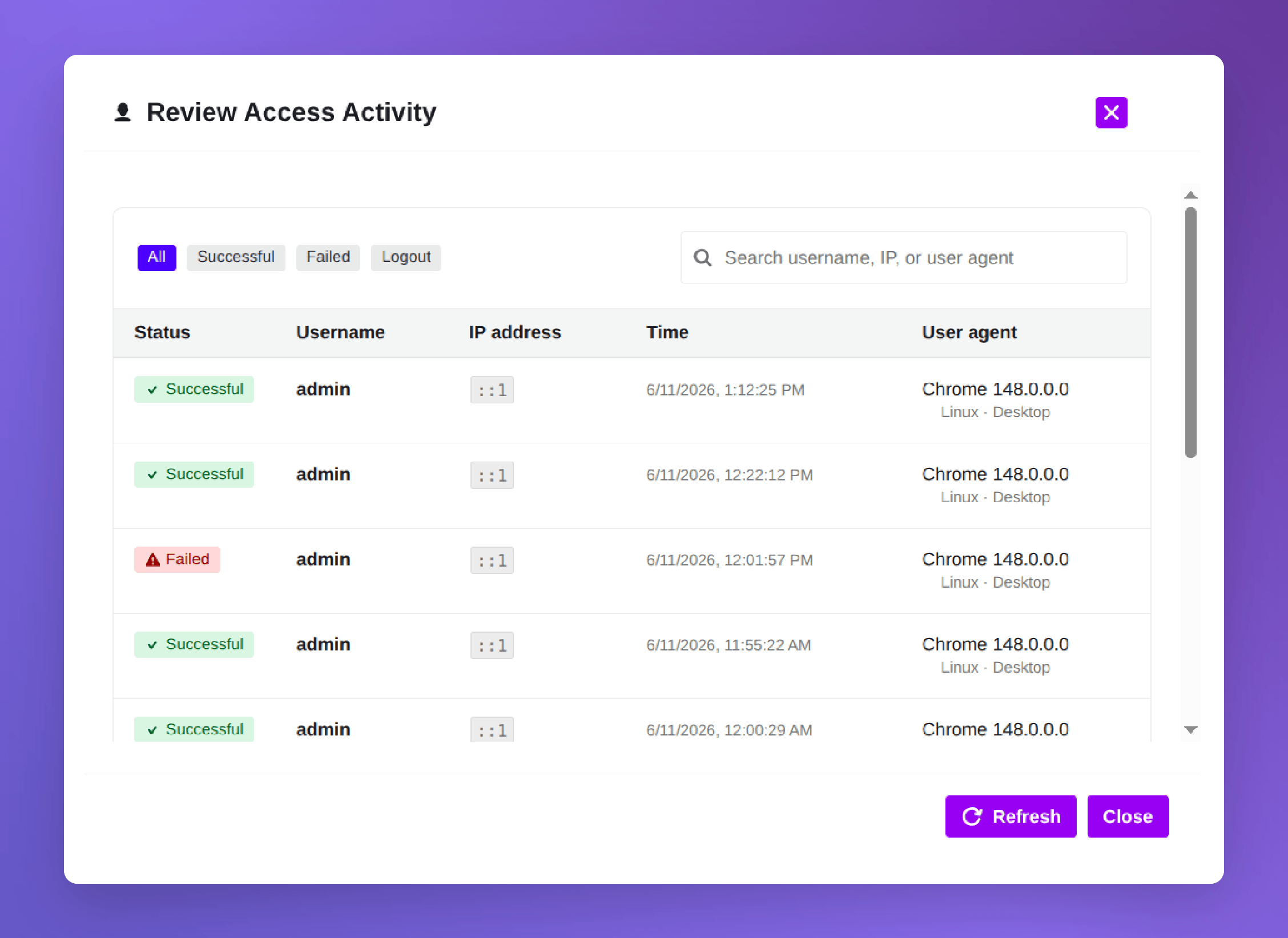 access logs modal popup in ultimate security