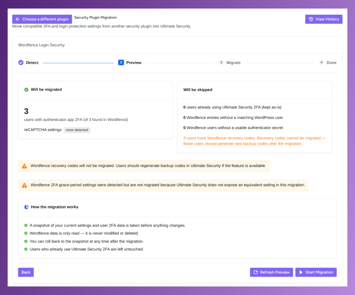 preview option in migration tool in ultimate security