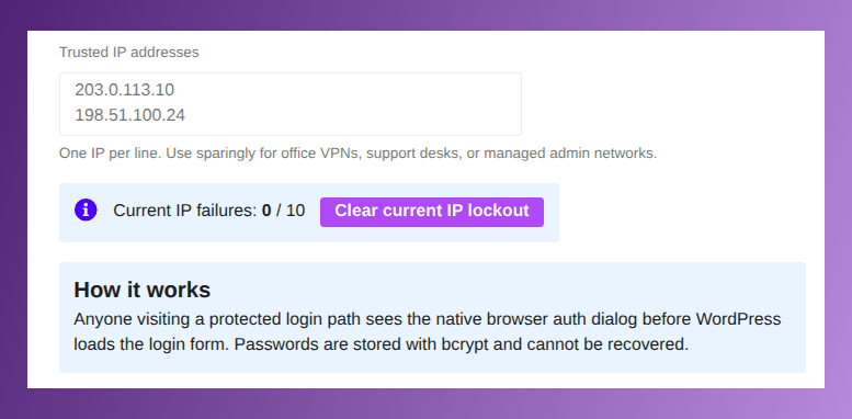 trusted ip address in custom login url settings to rename default wordpress url