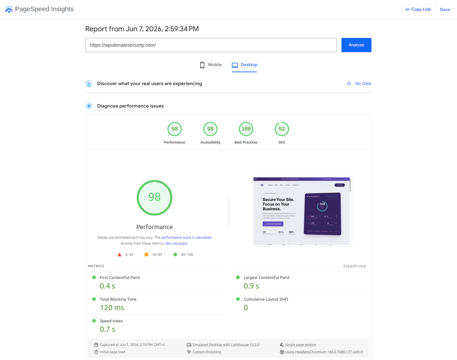 ultimate security site performance score