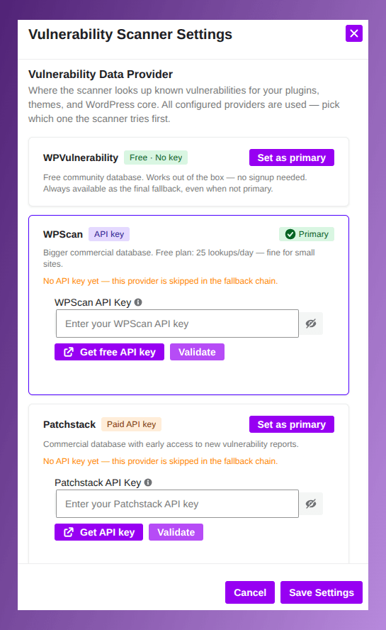 Vulnerability scanner settings in ultimate security