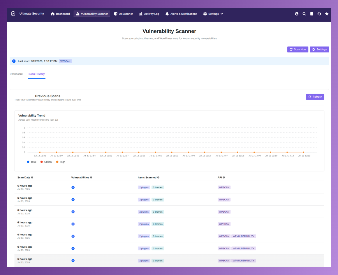 scan history in ultimate security vulnerability scan