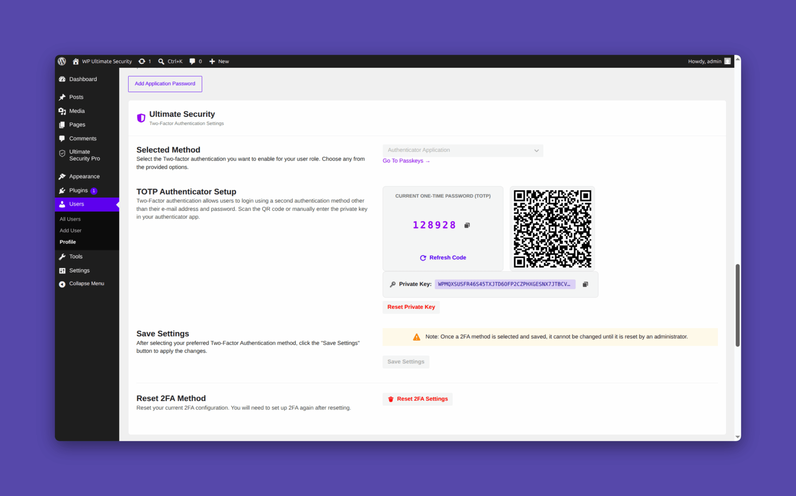 user profile 2fa section from ultiamte security