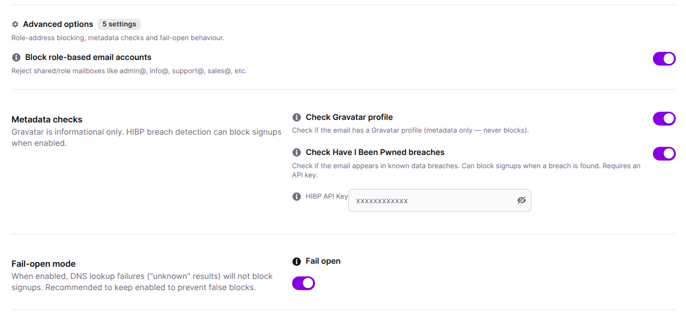 Advanced Options in email verification in ultimate security