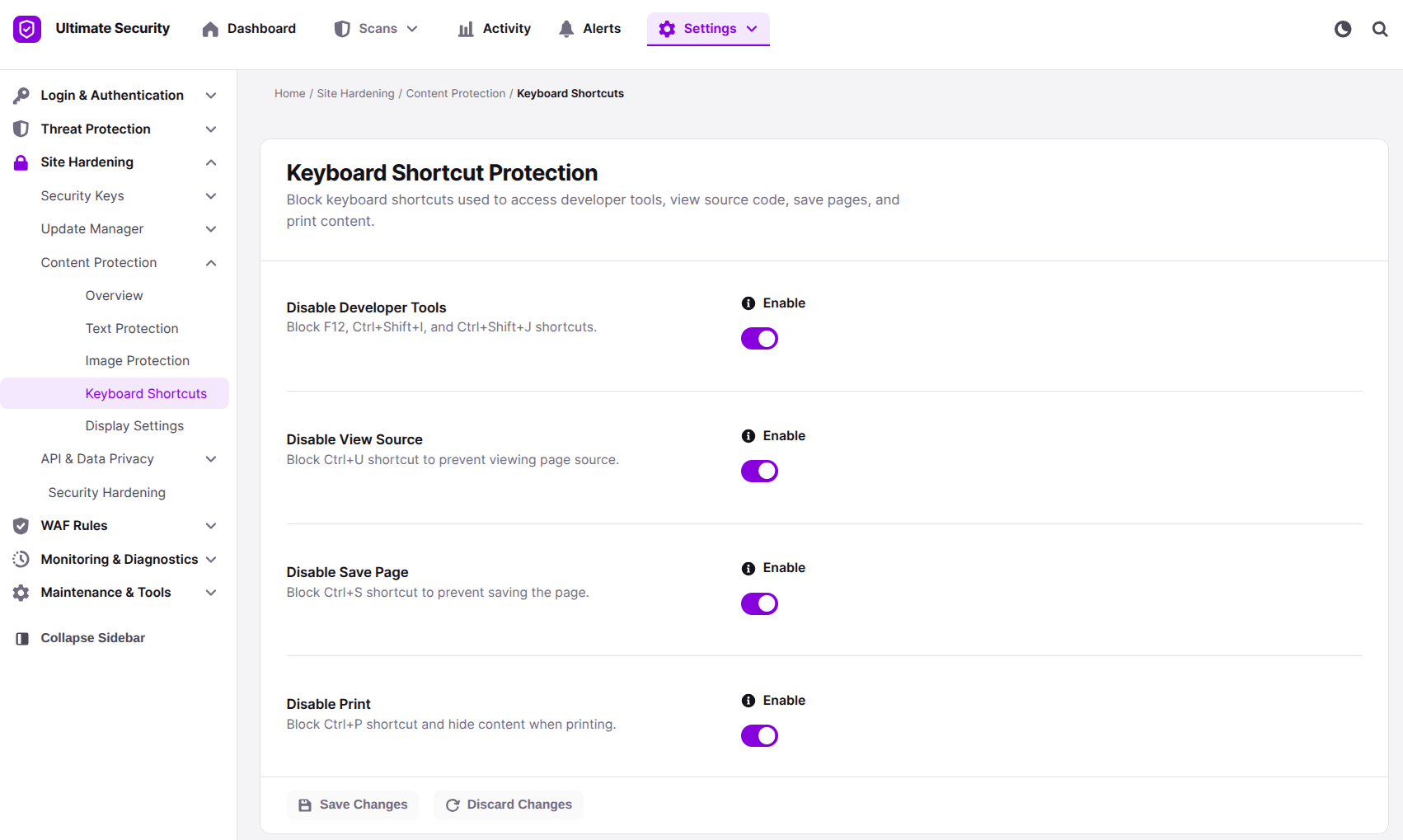 Keyboard Shortcut Protection in WordPress using Ultimate Security plugin