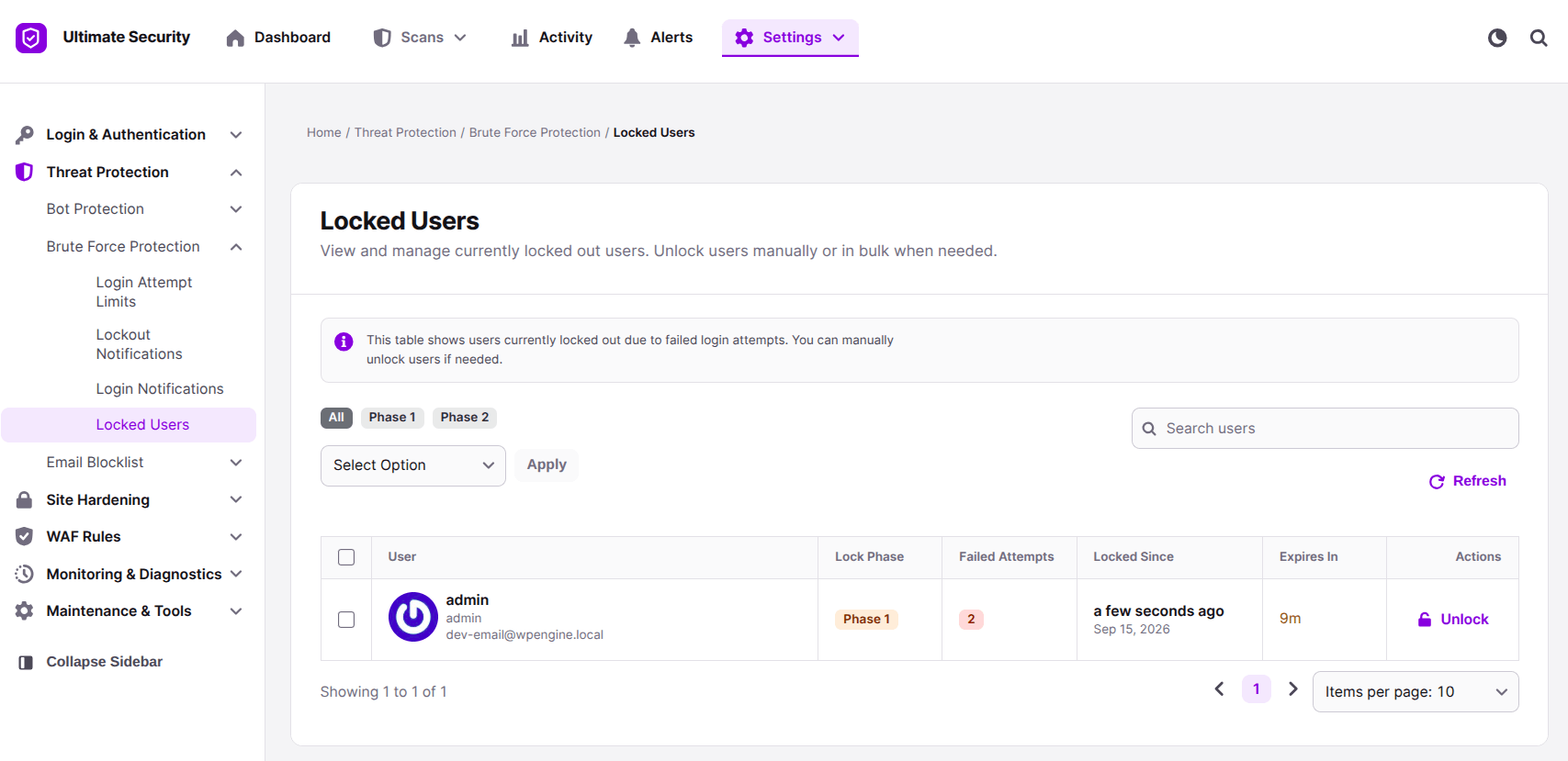 Locked Users in brute force protection in ultimate security