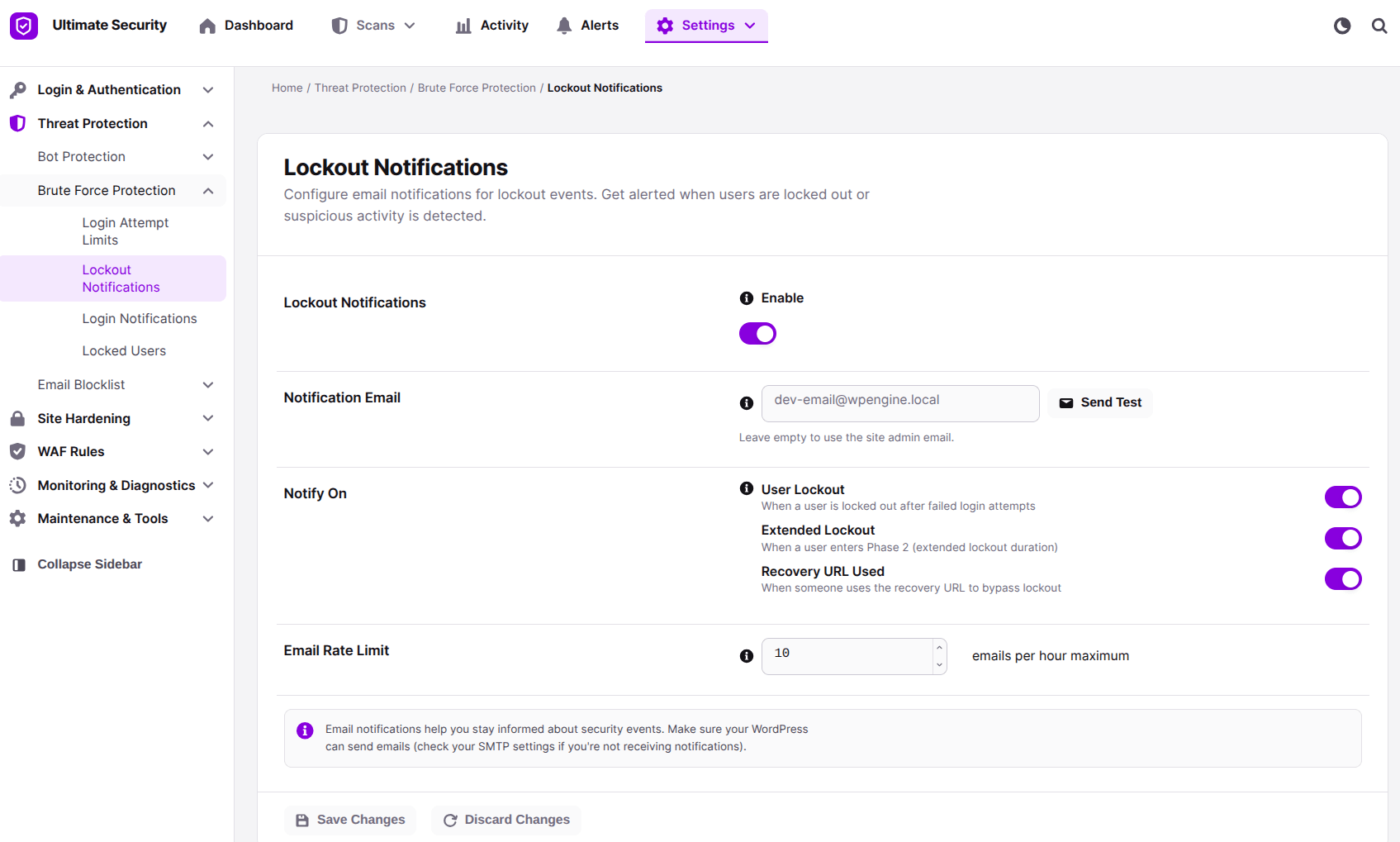 Lockout Notifications in brute force protection in ultimate security