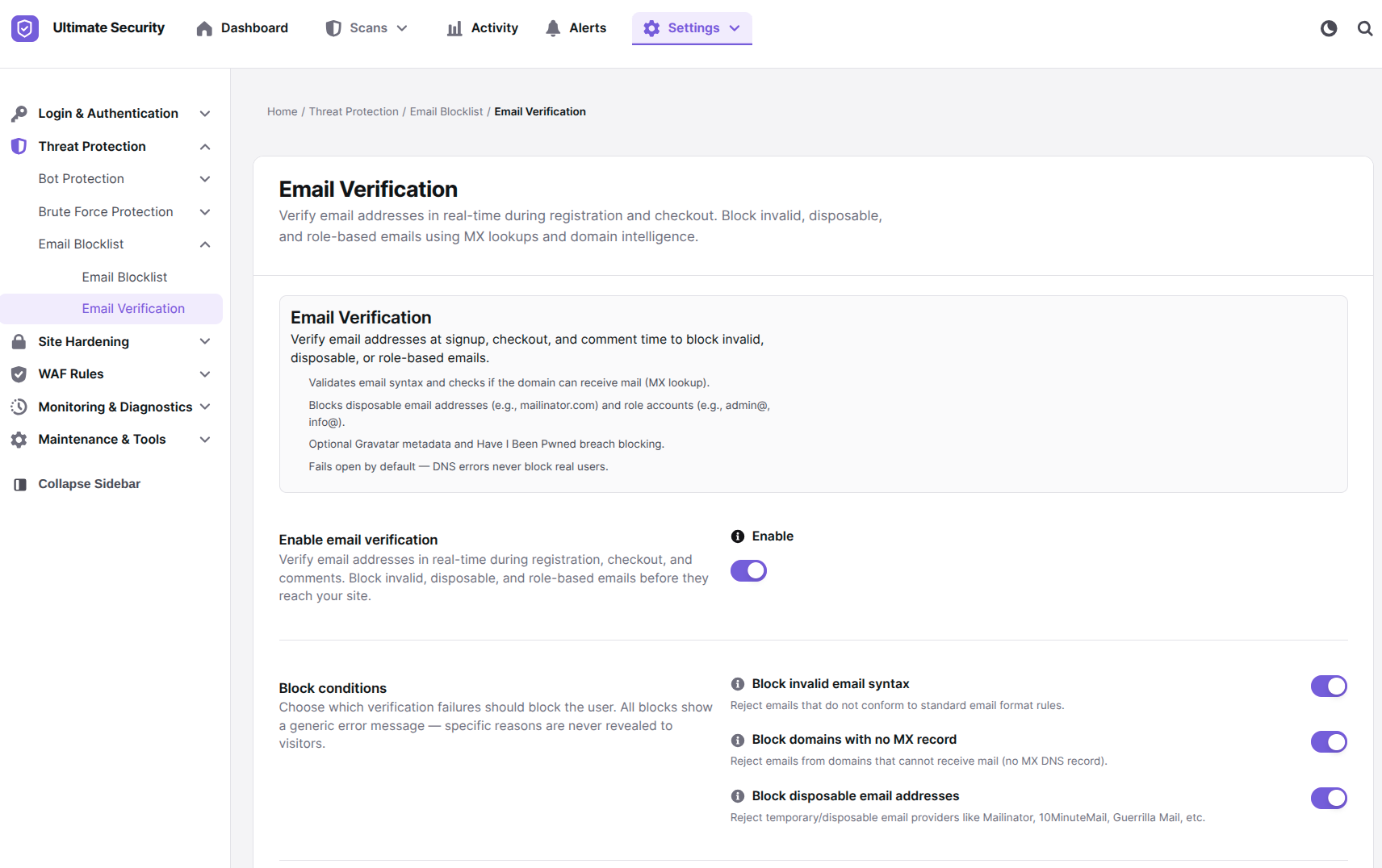 block temporary and disposable email addresses using ultimate security email verification settings