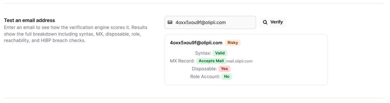 Test an email address in email verification in ultimate security
