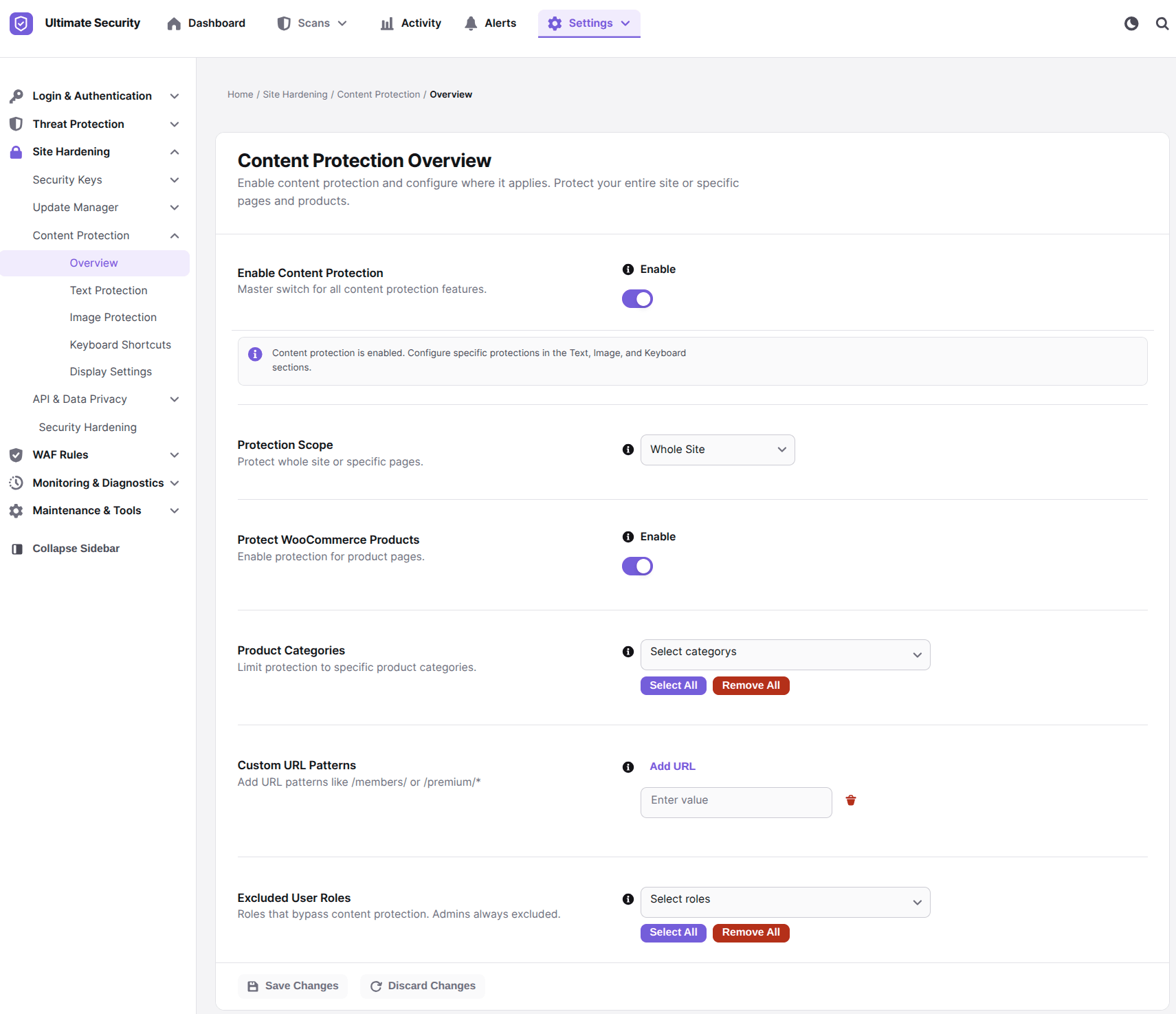 content protection in WordPress using ultimate security