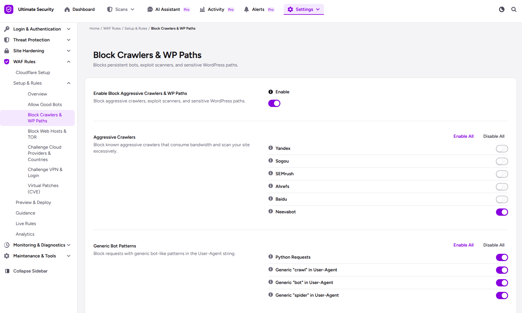Block Crawlers & WP Paths with cloudflare waf in ultimate security