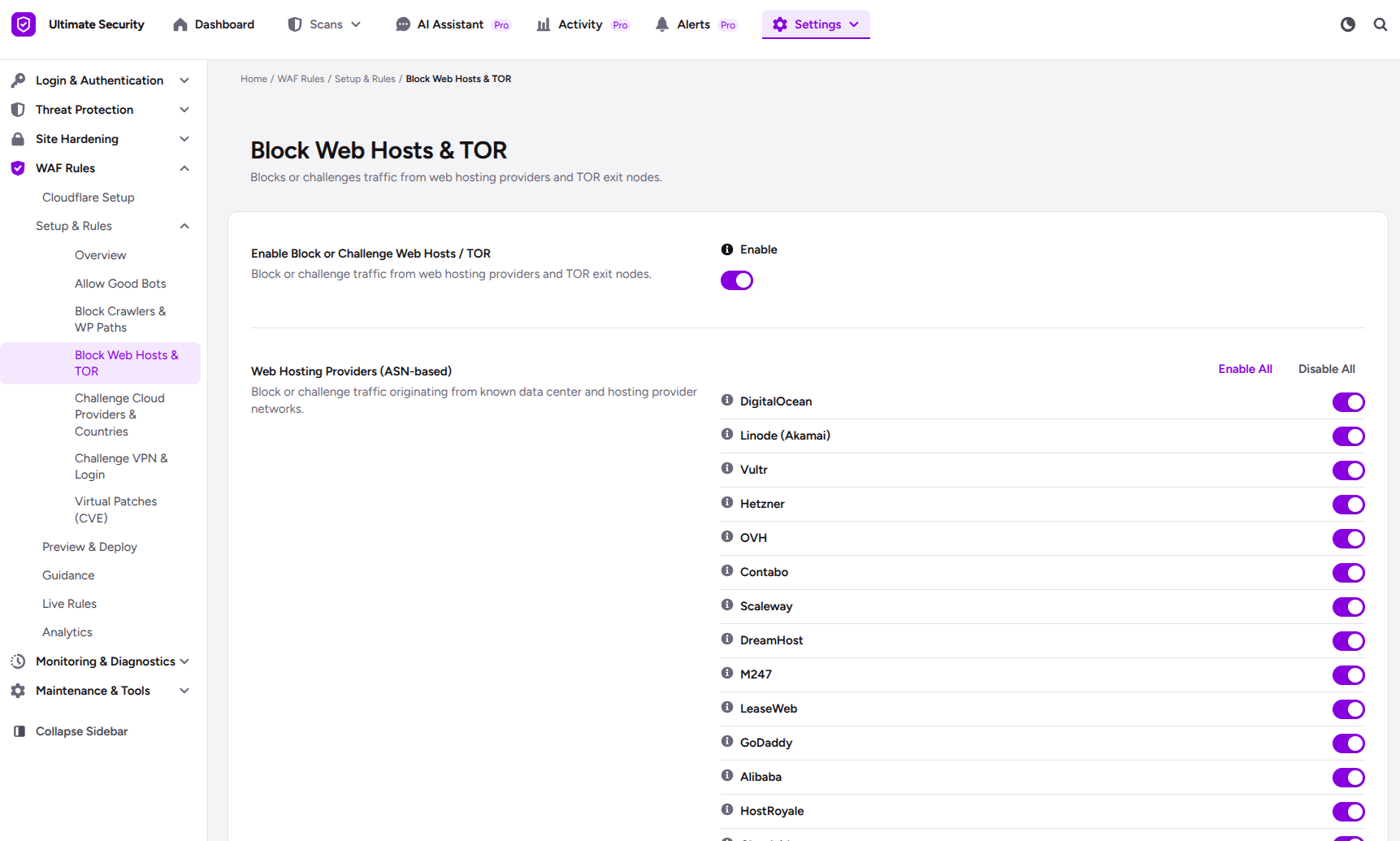 Block Web Hosts & TOR in the cloudflare waf in ultimate security