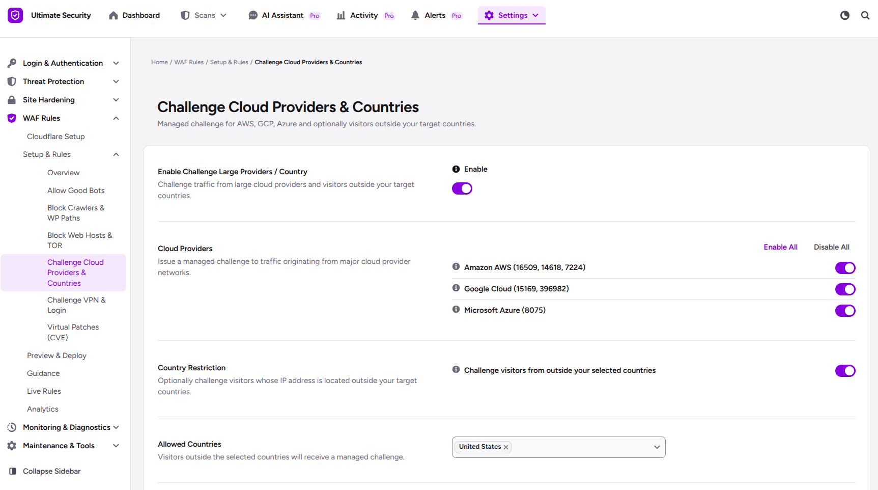 Challenge Cloud Providers & Countries in the cloudflare waf in wordpress ultimate security