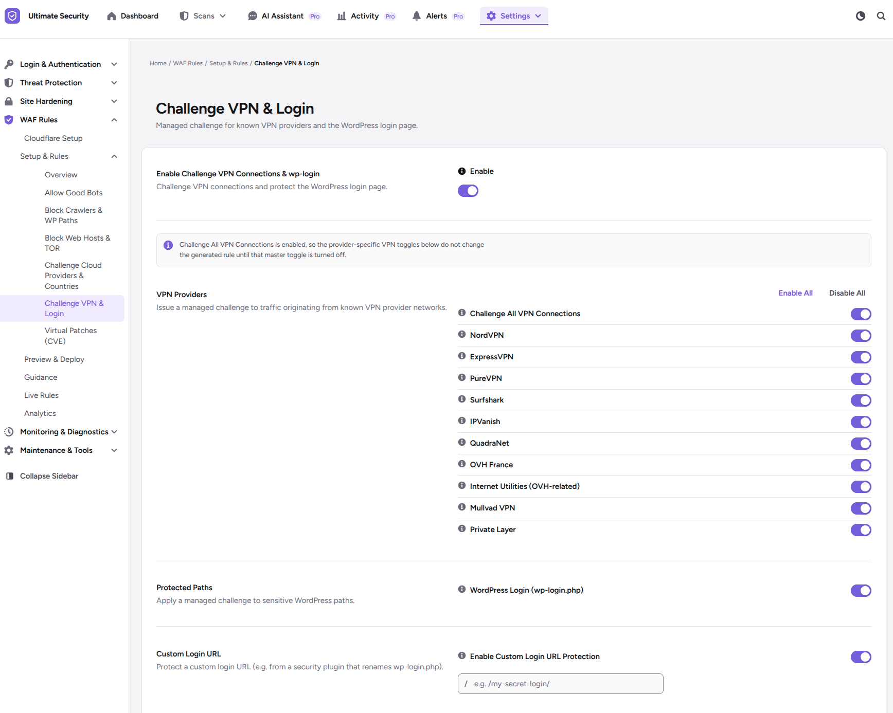 Challenge VPN & Login in cloudflare waf in the wordpress ultimate security
