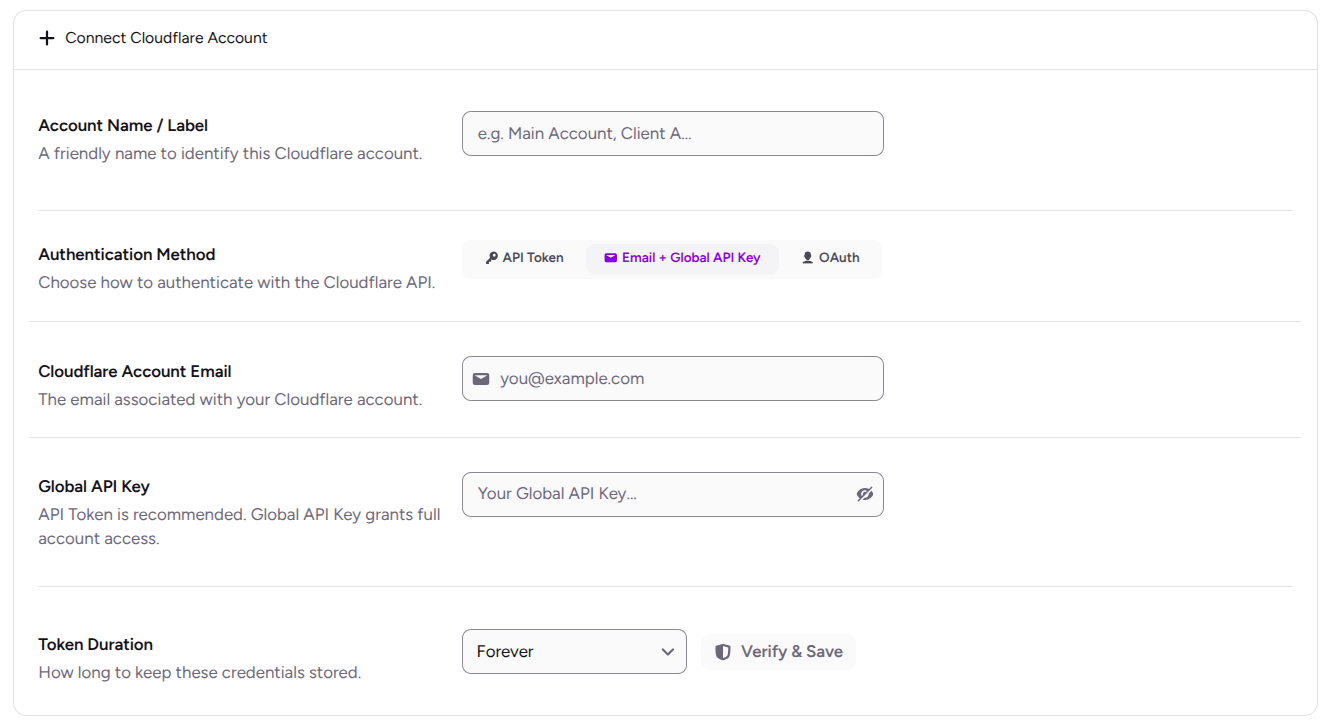 Connect With Email and Global API Key in ultimate security for cloudflare waf