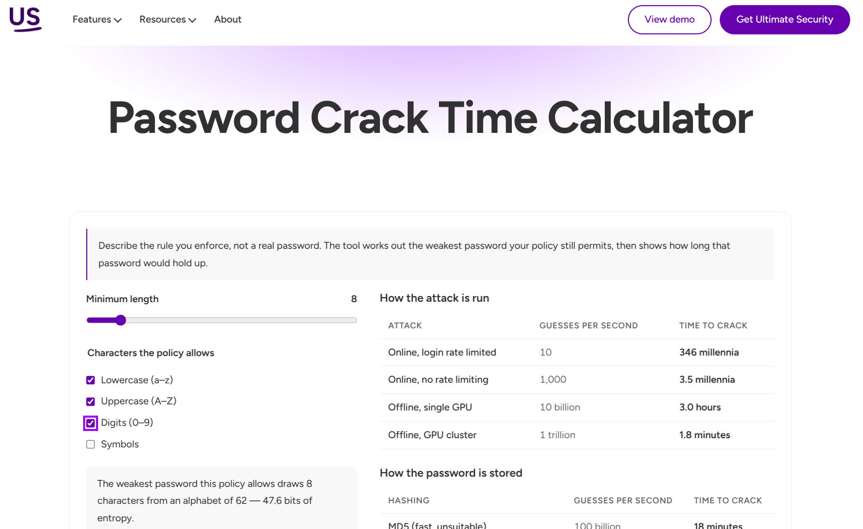 Password Crack Time Calculator in ultimate security