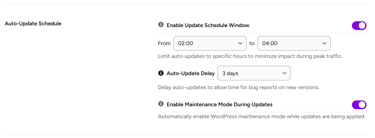 Update Schedule Window, Auto-Update Delay, and Maintenance Mode in ultimate security update manager