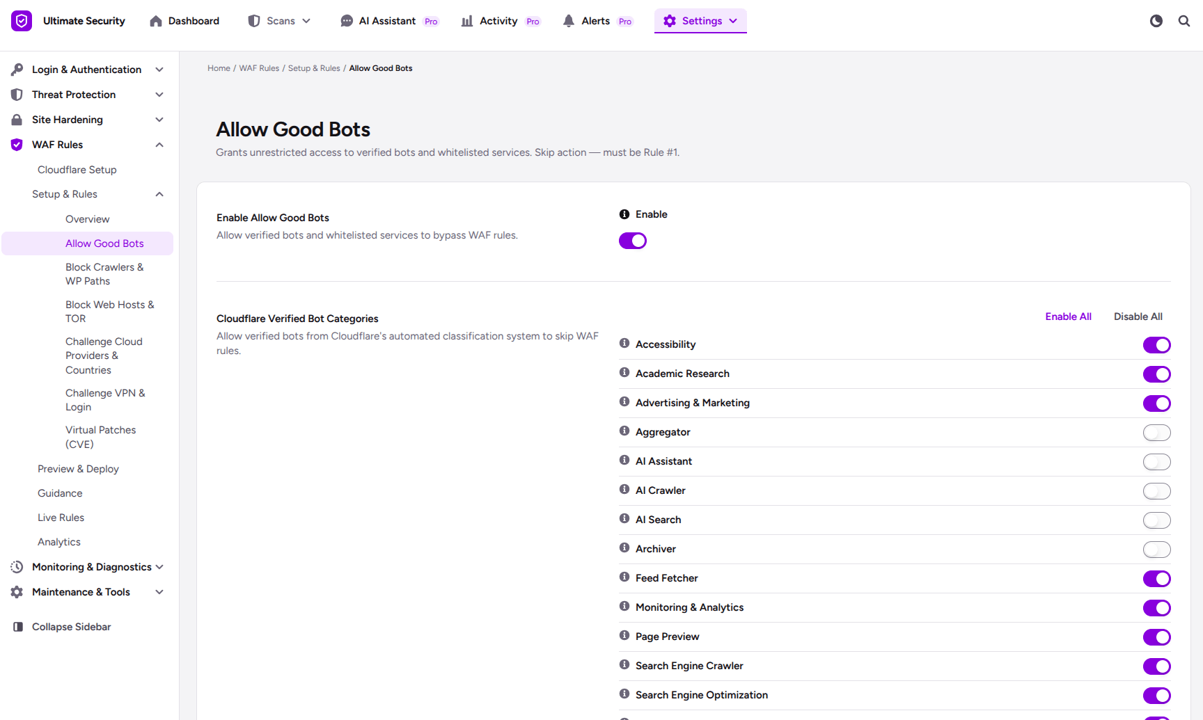 allow good bots in cloudflare waf in ultimate security